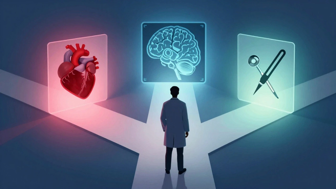 Doctor choosing between medical specialties at a crossroads