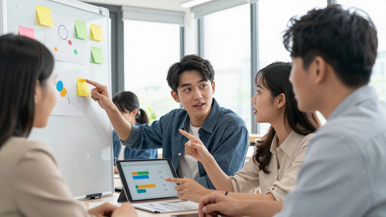 Group of professionals discussing ideas with sticky notes in a bright office