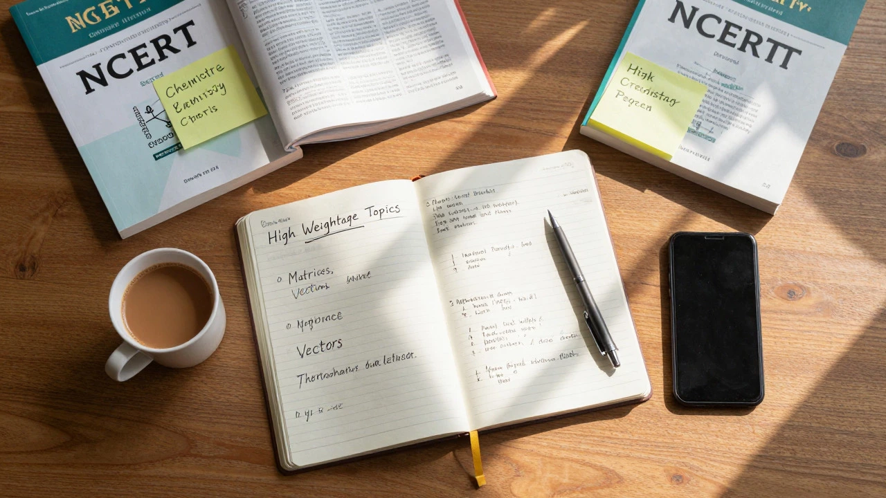 Organized study desk with NCERT books and strategic notes