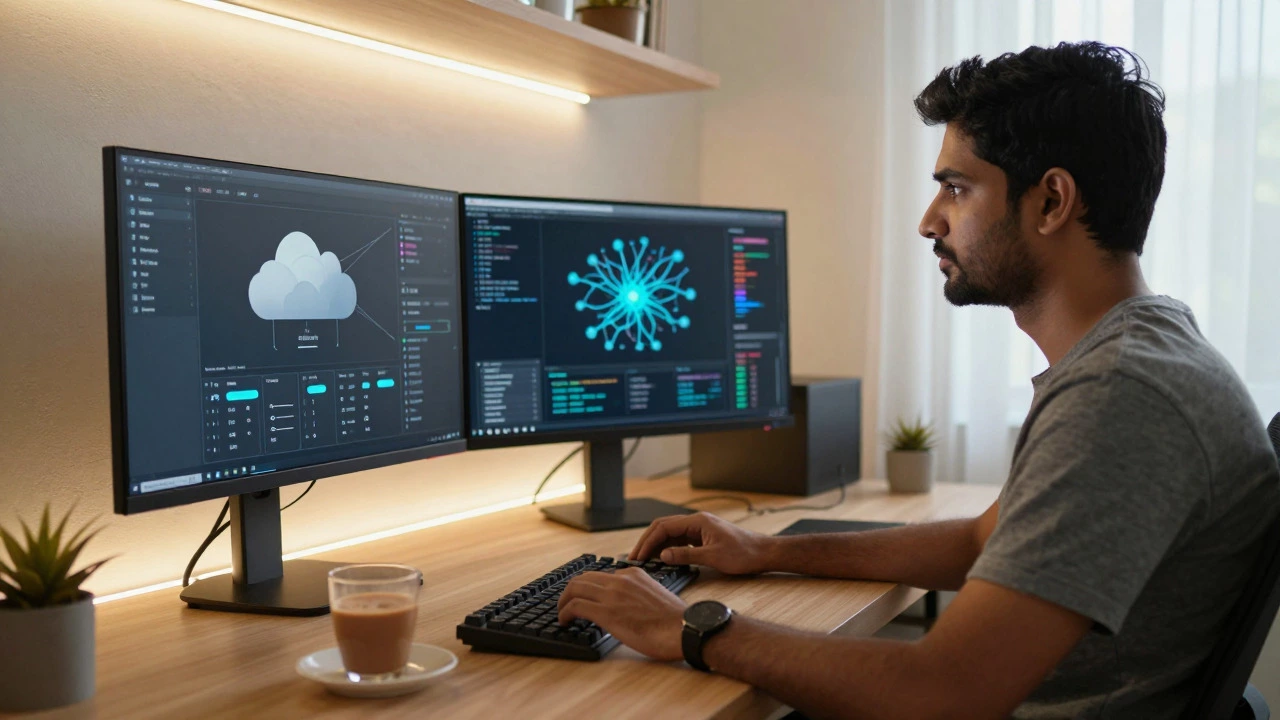 Remote developer working on cloud and AI projects in a home office
