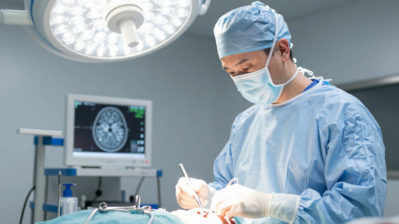 Surgeon performing precise neurosurgery in operating room