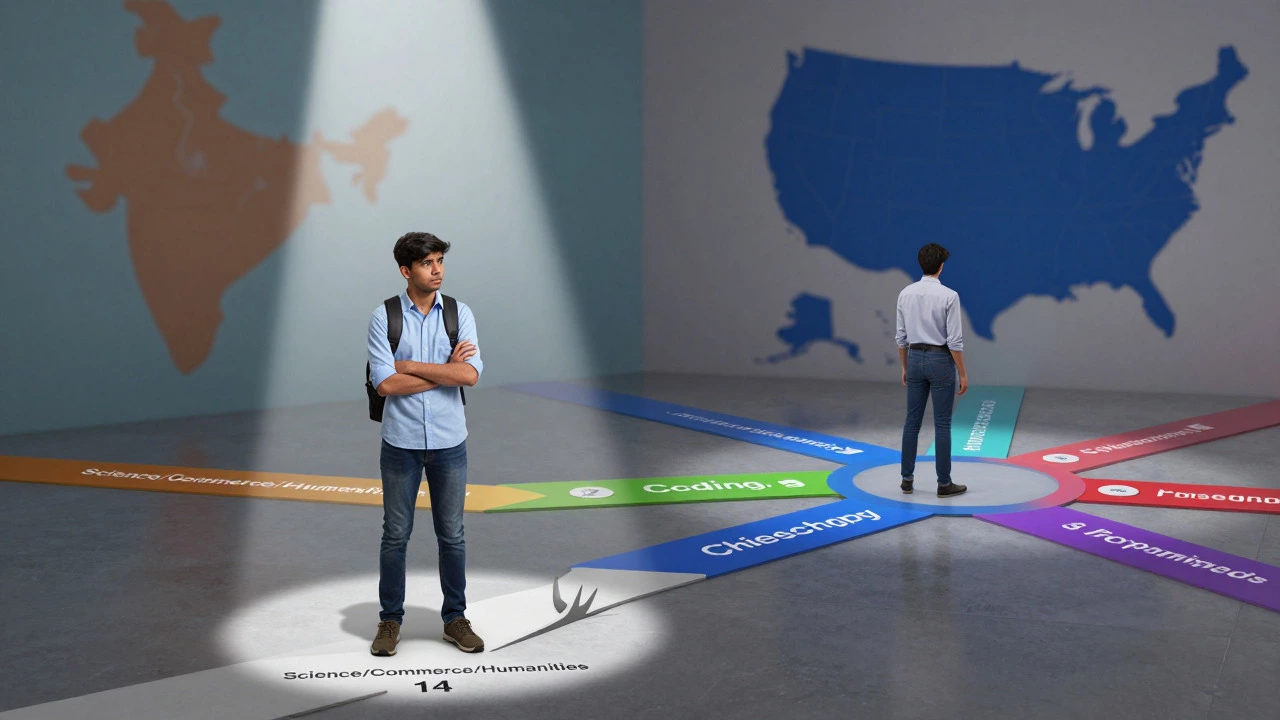Symbolic paths showing early specialization vs flexible exploration