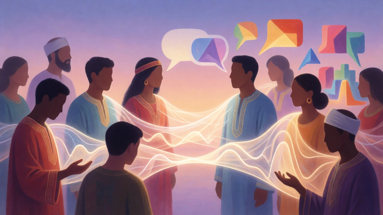 Abstract visualization of diverse people connecting through confident spoken communication.