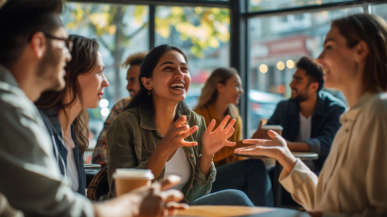 Diverse group laughing and chatting fluently in a sunny cafe