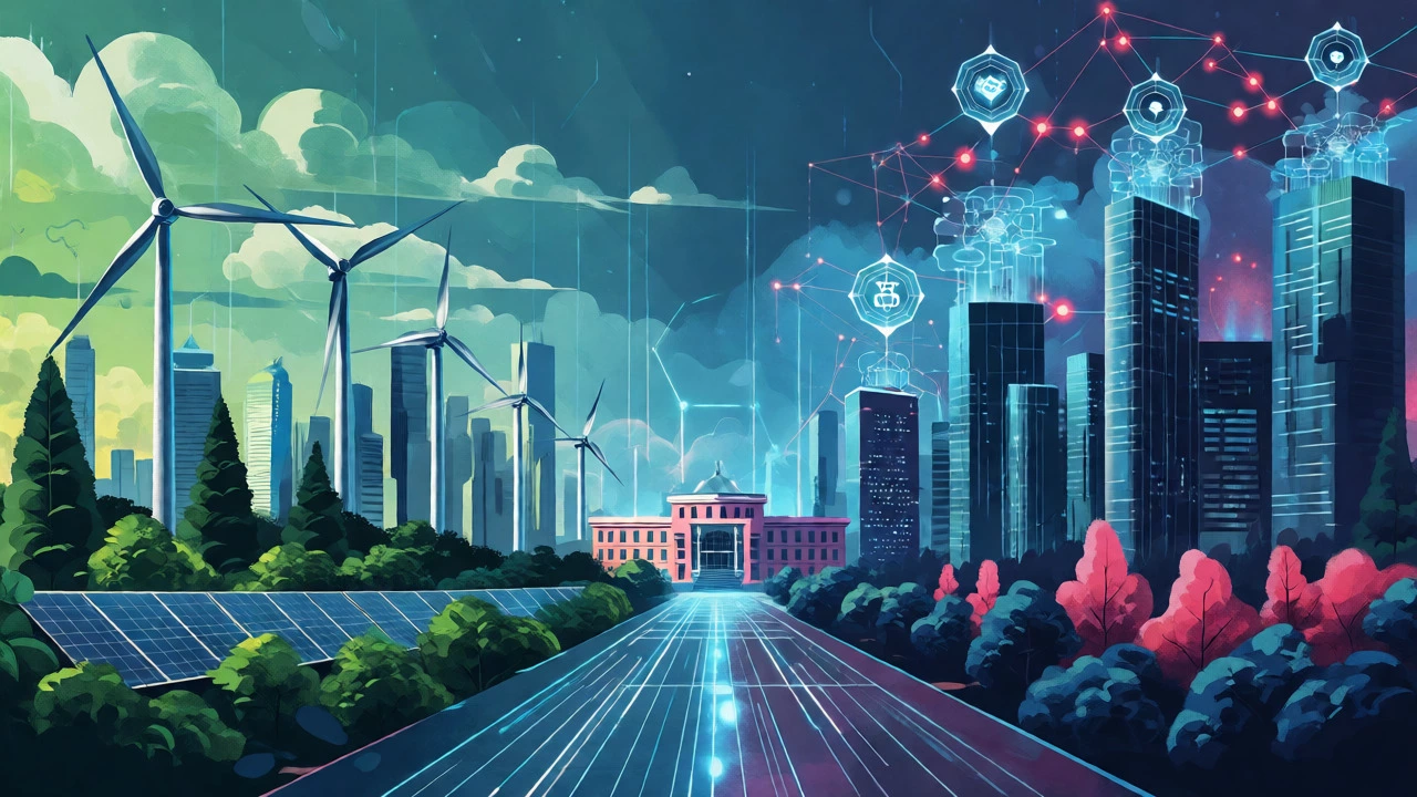 Futuristic city blending renewable energy and fintech technologies