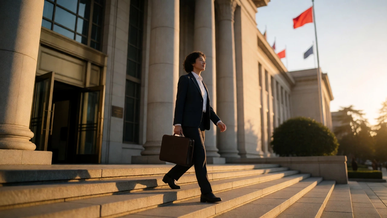 Professional exiting government building at sunset symbolizing career growth