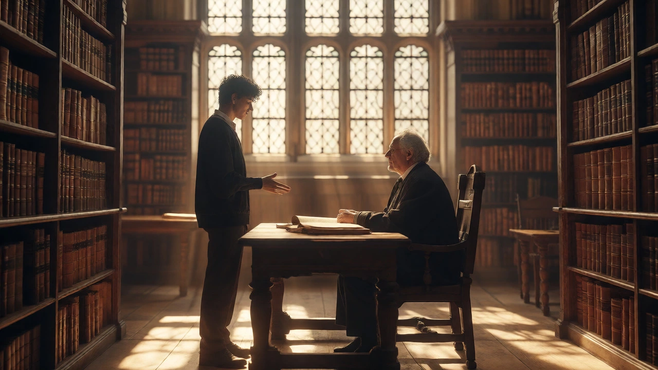 Student and professor debating in a sunlit Oxford library