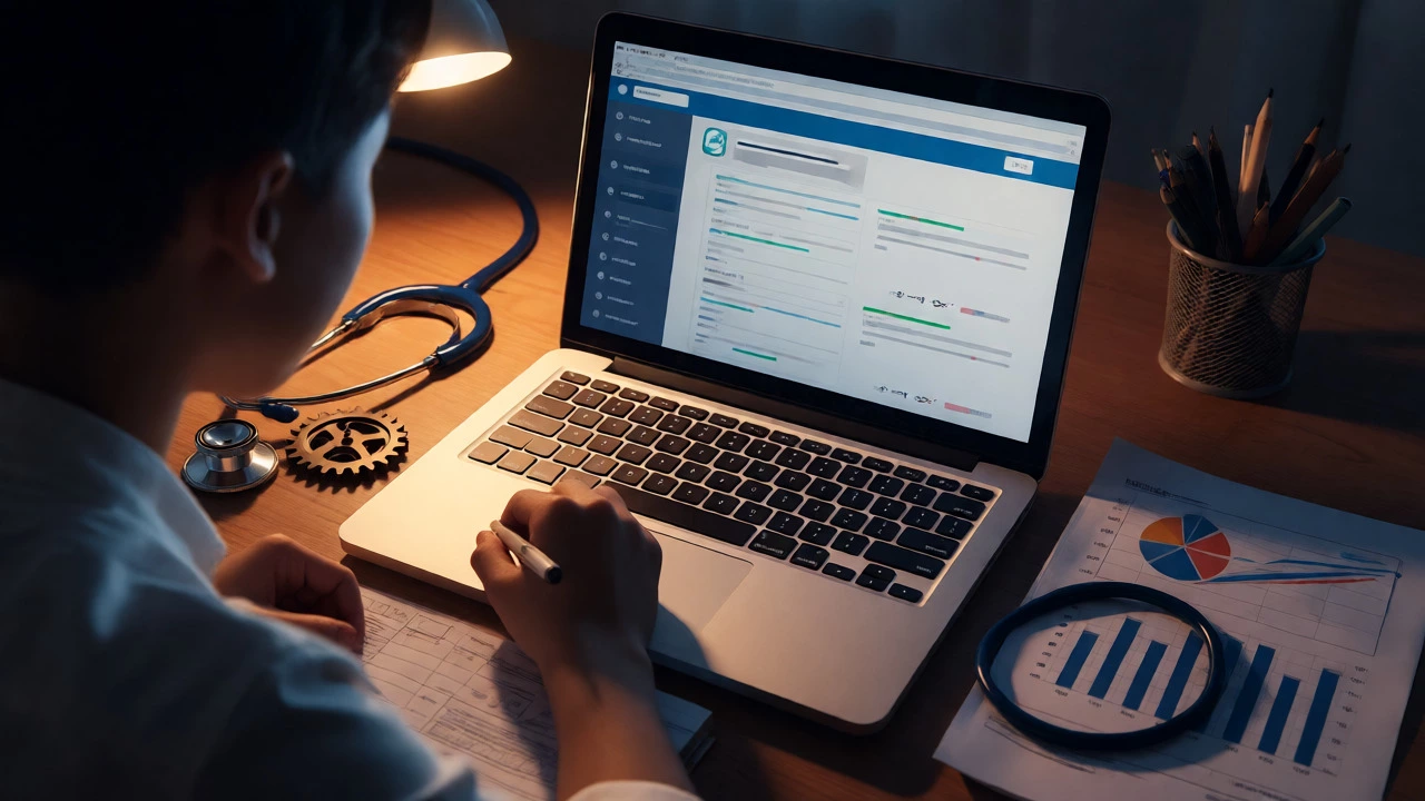 Student studying online courses with hybrid skill tools nearby