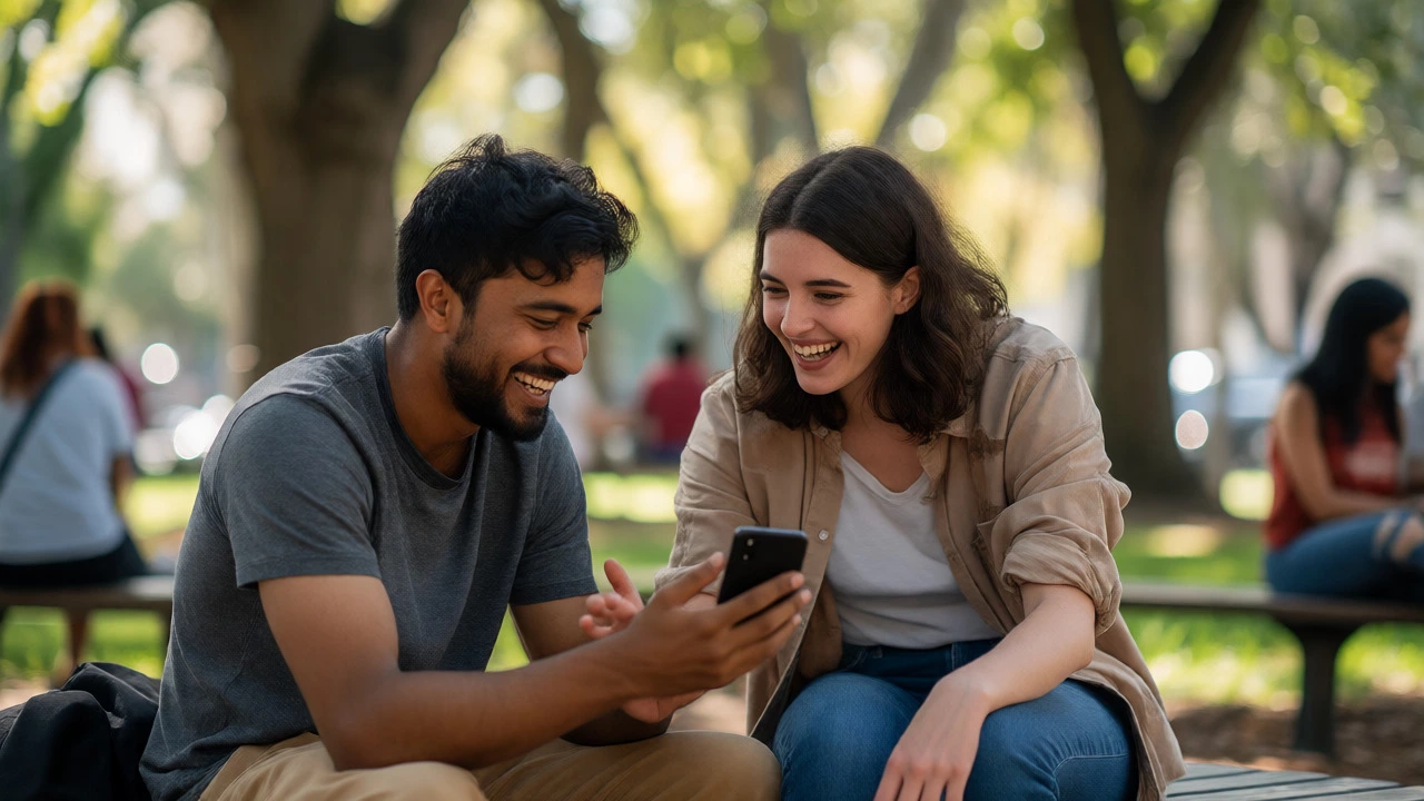 Two friends laughing and talking casually in a park