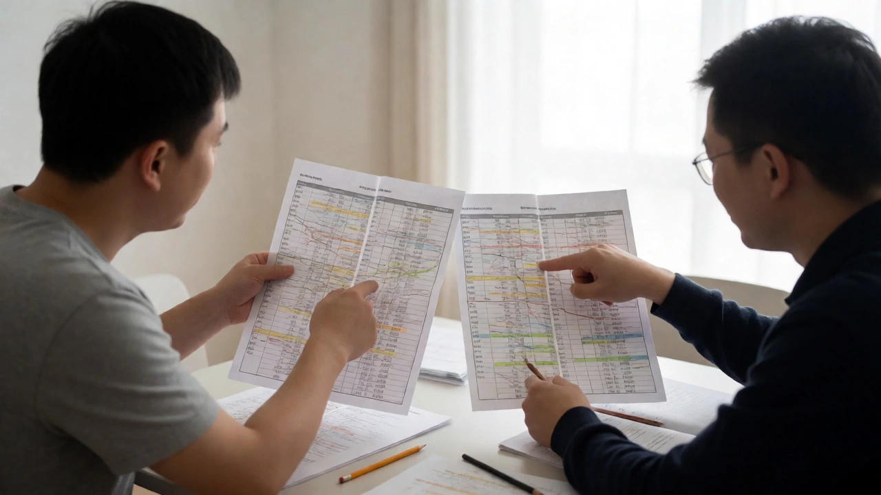 Two students comparing train schedules during a task