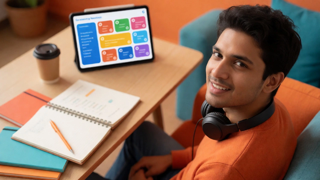 Young professional smiling after online English practice