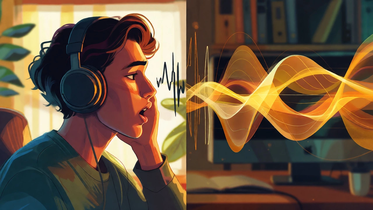 Abstract depiction of shadowing technique syncing speech rhythm with sound waves.