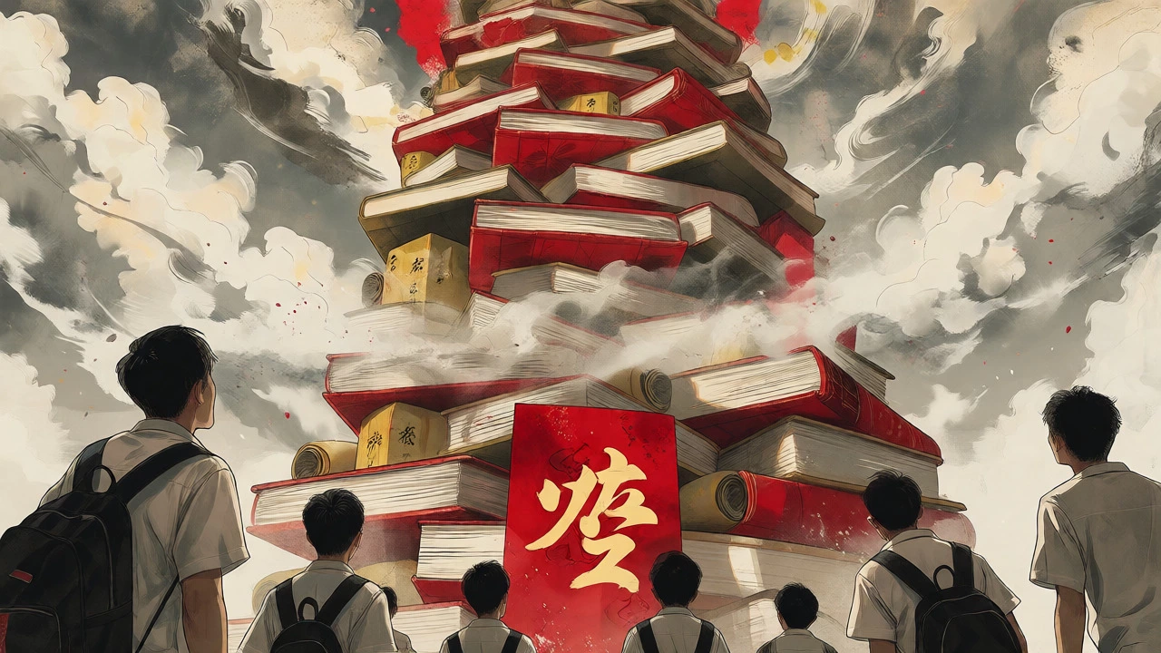 Artistic depiction of students facing a towering stack of books