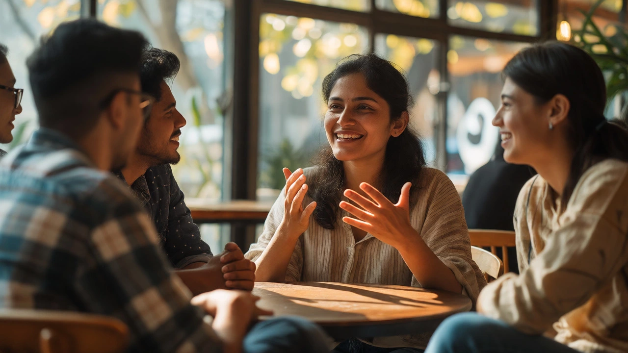 Confident Indian woman engaging in natural, fluent conversation with friends in a cafe.