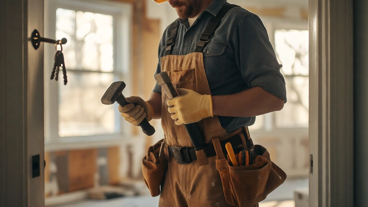 Skilled tradesperson standing in a sunlit new home holding tools