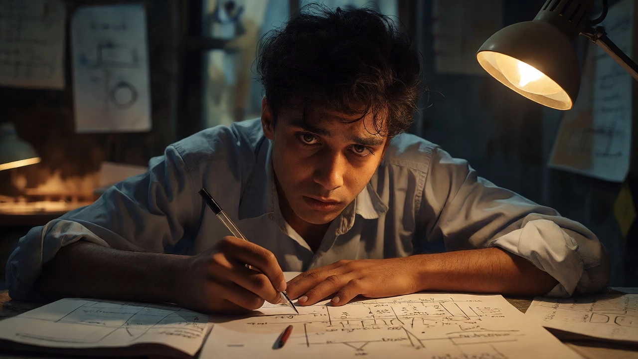 Stressed student studying complex physics equations at night